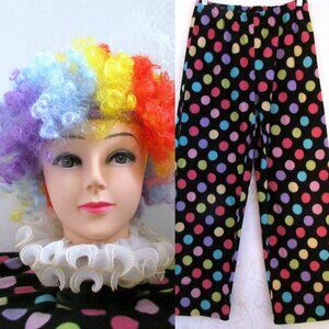 CLOWN OUTFIT: CURLY RAINBOW WIG, CIRCUS NECK RUFF, POLKA DOT COSTUME PANTS